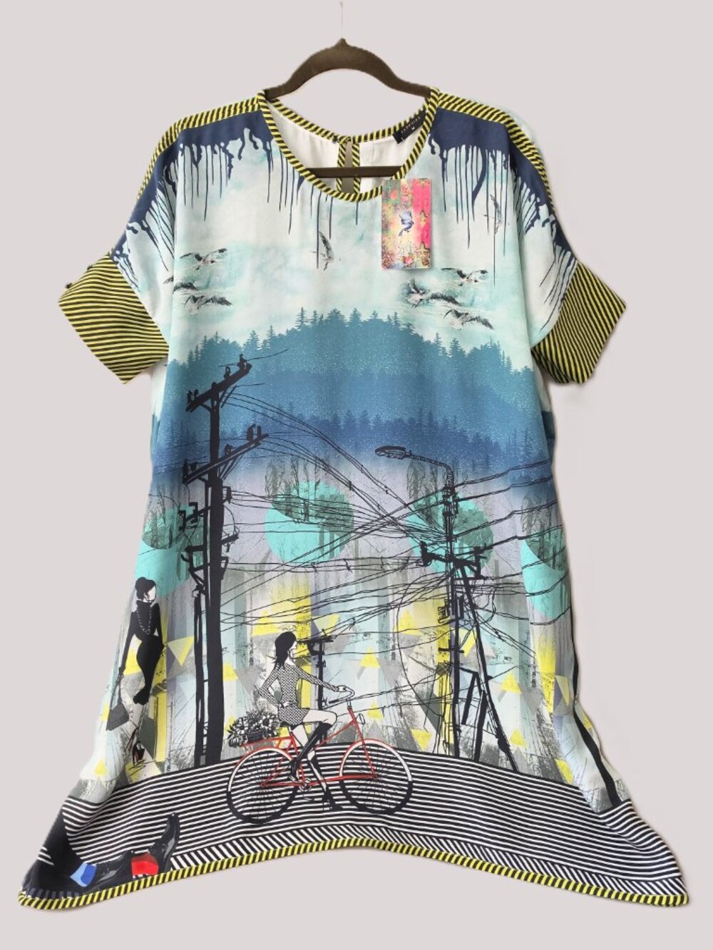 NWT 100% Silk Mini Dress Tunic City Print Graphic Art Oversized  Women's M